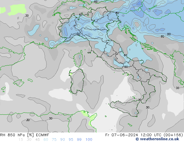 RH 850 hPa ECMWF ven 07.06.2024 12 UTC