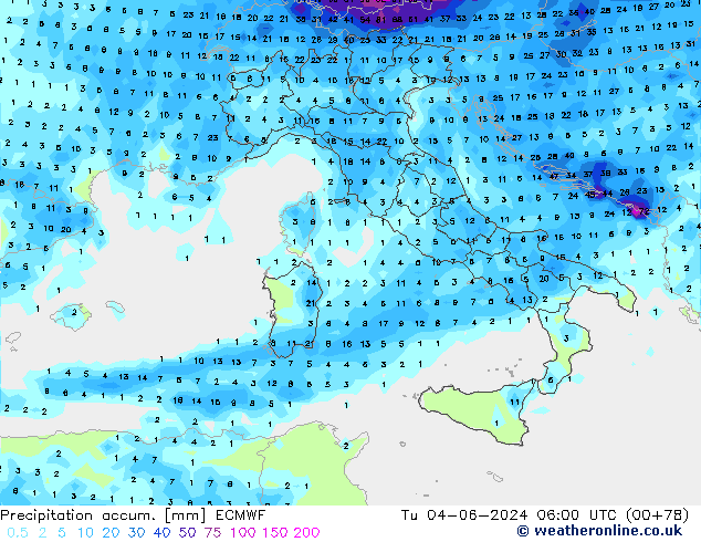 Totale neerslag ECMWF di 04.06.2024 06 UTC