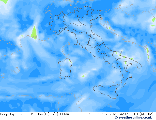 Deep layer shear (0-1km) ECMWF so. 01.06.2024 03 UTC