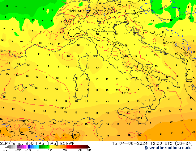 SLP/Temp. 850 hPa ECMWF Tu 04.06.2024 12 UTC