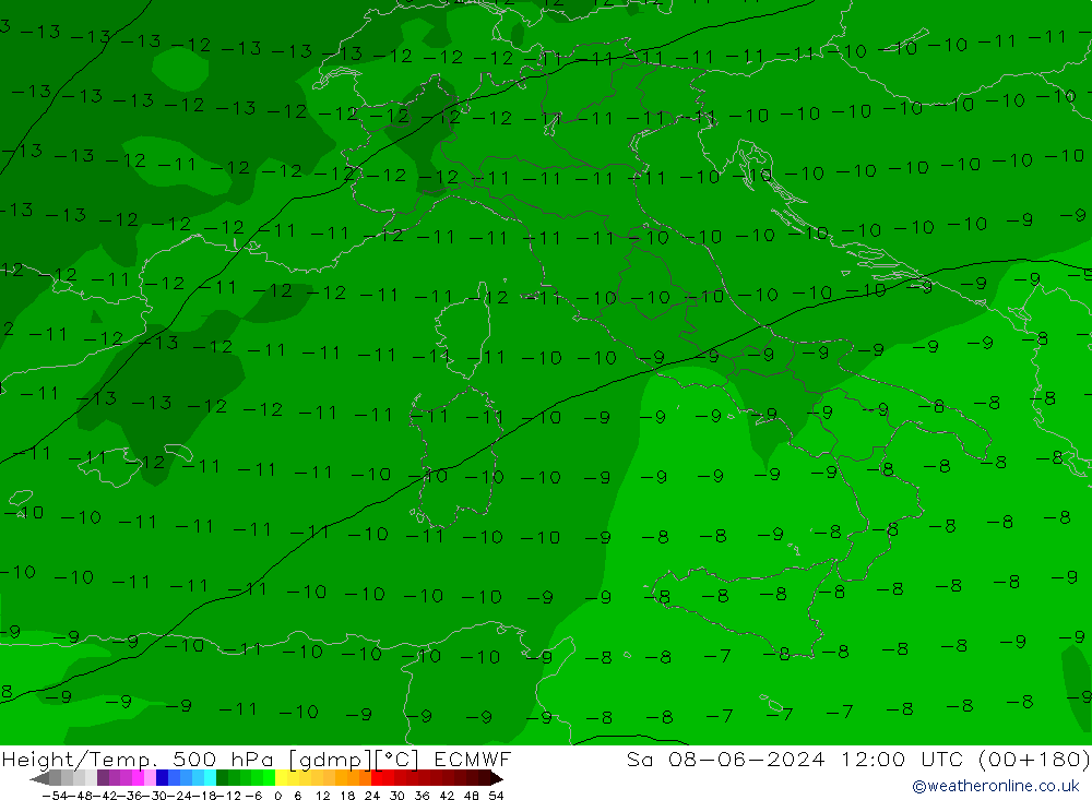 Z500/Rain (+SLP)/Z850 ECMWF Sa 08.06.2024 12 UTC