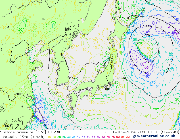 Isotachs (kph) ECMWF mar 11.06.2024 00 UTC