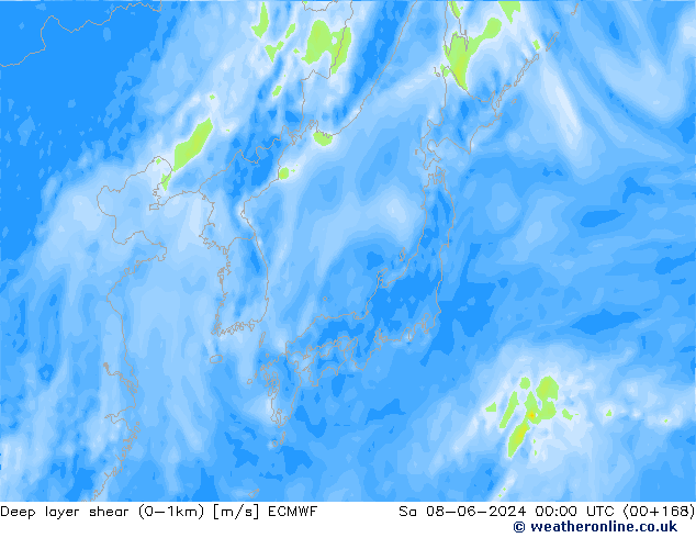 Deep layer shear (0-1km) ECMWF Cts 08.06.2024 00 UTC