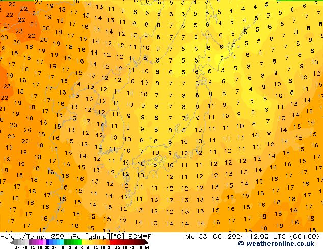 Height/Temp. 850 hPa ECMWF Mo 03.06.2024 12 UTC