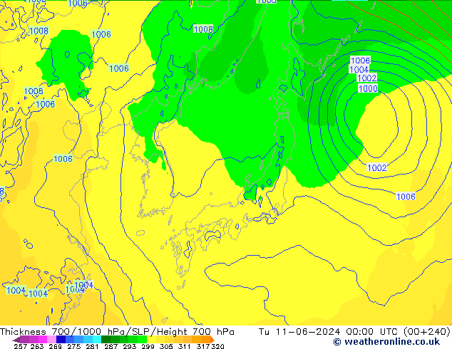 Thck 700-1000 hPa ECMWF Út 11.06.2024 00 UTC