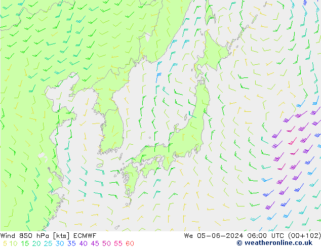 wiatr 850 hPa ECMWF śro. 05.06.2024 06 UTC