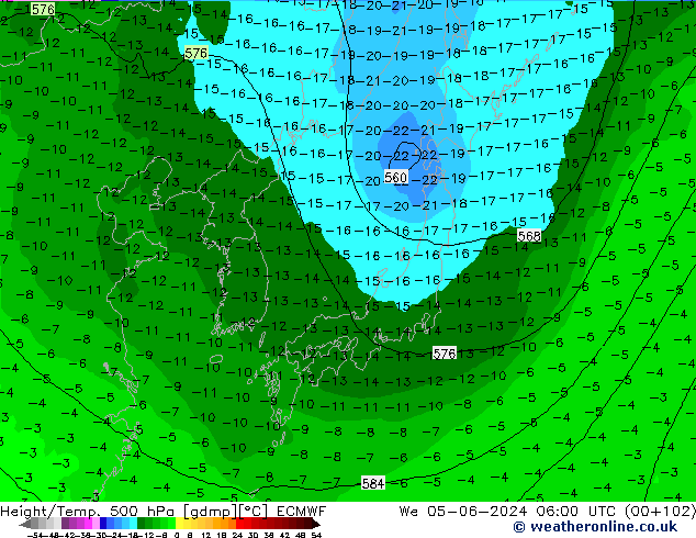 Z500/Rain (+SLP)/Z850 ECMWF mer 05.06.2024 06 UTC