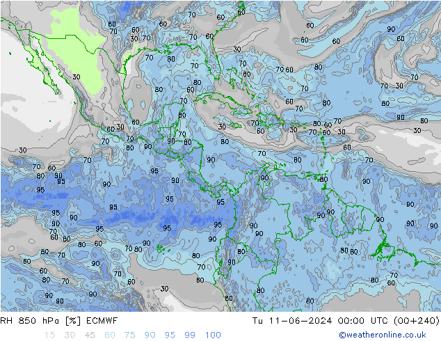 Humidité rel. 850 hPa ECMWF mar 11.06.2024 00 UTC