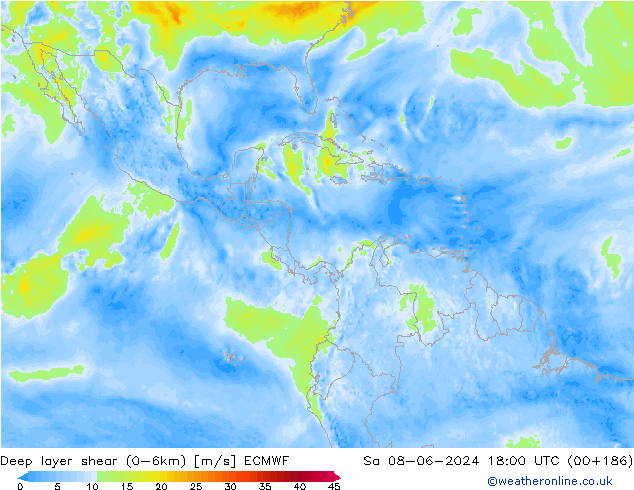 Deep layer shear (0-6km) ECMWF za 08.06.2024 18 UTC