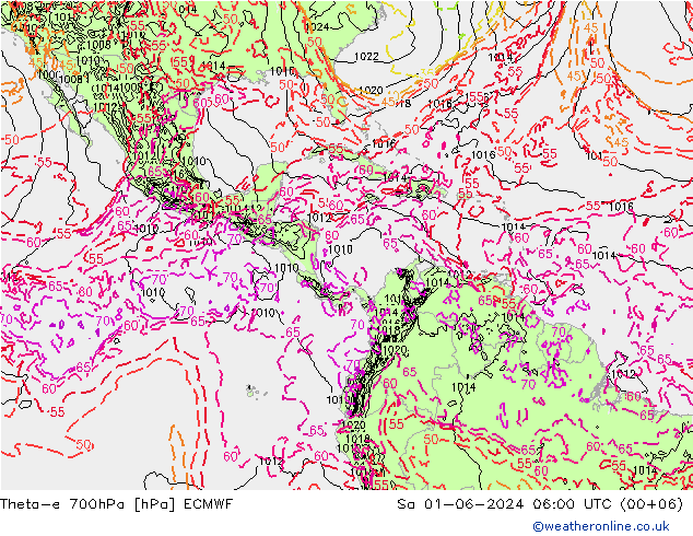 Theta-e 700hPa ECMWF za 01.06.2024 06 UTC