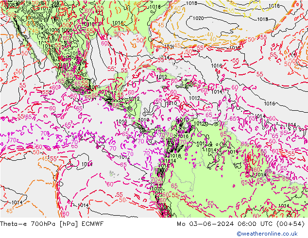 Theta-e 700hPa ECMWF pon. 03.06.2024 06 UTC