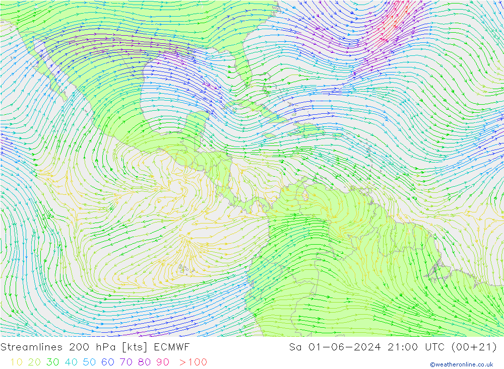 Stroomlijn 200 hPa ECMWF za 01.06.2024 21 UTC