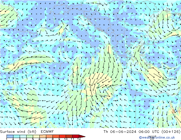 Rüzgar 10 m (bft) ECMWF Per 06.06.2024 06 UTC