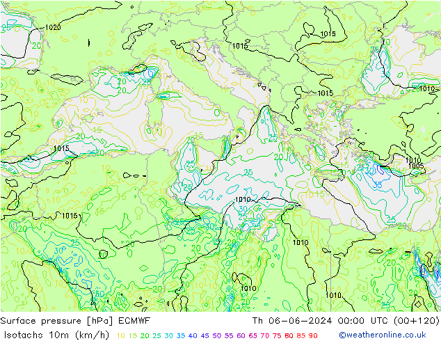 Isotachs (kph) ECMWF Qui 06.06.2024 00 UTC