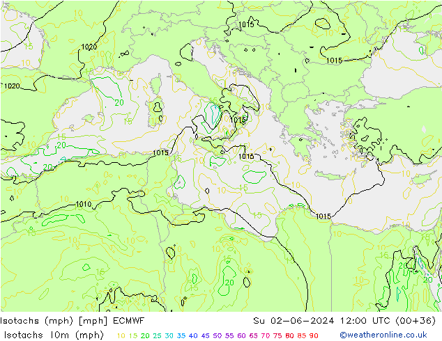 Isotachen (mph) ECMWF So 02.06.2024 12 UTC