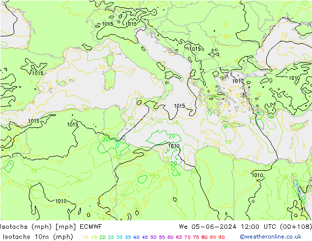 Isotachs (mph) ECMWF mer 05.06.2024 12 UTC