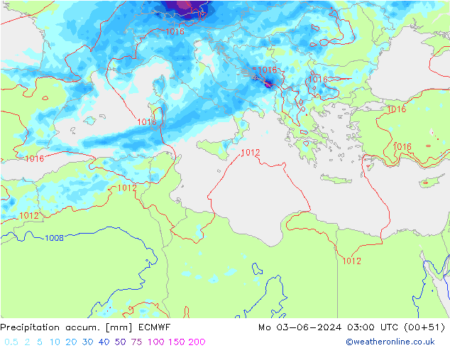 Precipitation accum. ECMWF Seg 03.06.2024 03 UTC