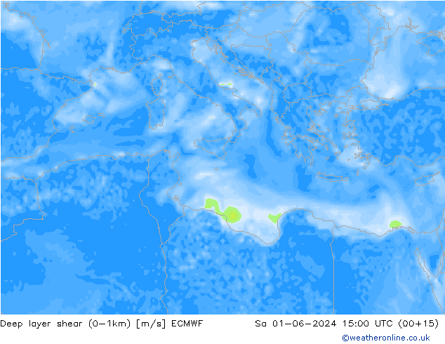 Deep layer shear (0-1km) ECMWF Sa 01.06.2024 15 UTC
