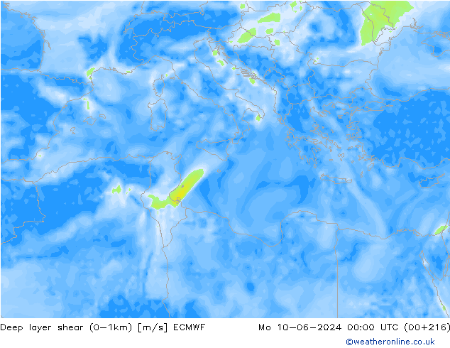 Deep layer shear (0-1km) ECMWF Seg 10.06.2024 00 UTC