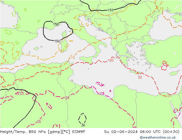 Height/Temp. 850 hPa ECMWF Dom 02.06.2024 06 UTC