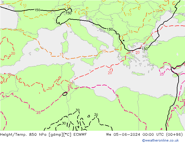 Hoogte/Temp. 850 hPa ECMWF wo 05.06.2024 00 UTC