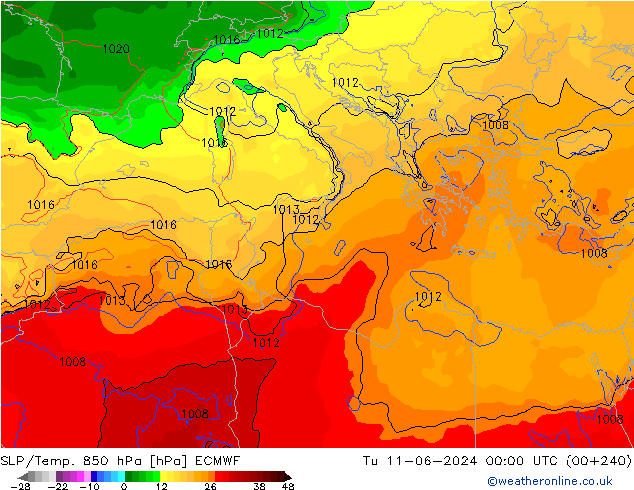 SLP/Temp. 850 hPa ECMWF Tu 11.06.2024 00 UTC