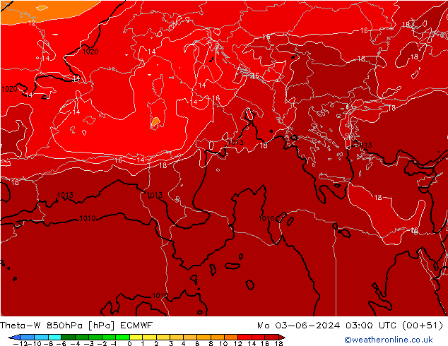 Theta-W 850hPa ECMWF lun 03.06.2024 03 UTC