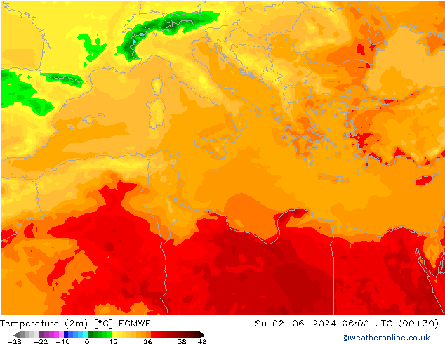 Temperature (2m) ECMWF Su 02.06.2024 06 UTC