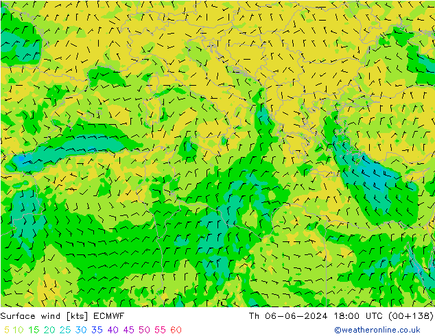 Vento 10 m ECMWF gio 06.06.2024 18 UTC