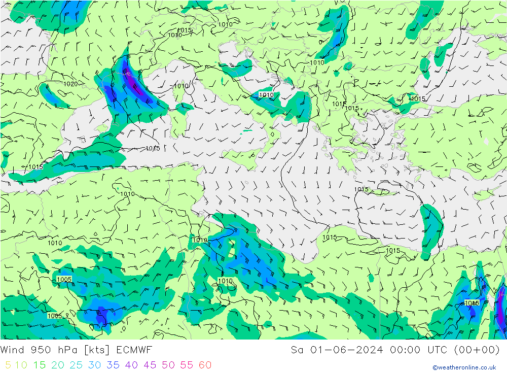 Vent 950 hPa ECMWF sam 01.06.2024 00 UTC