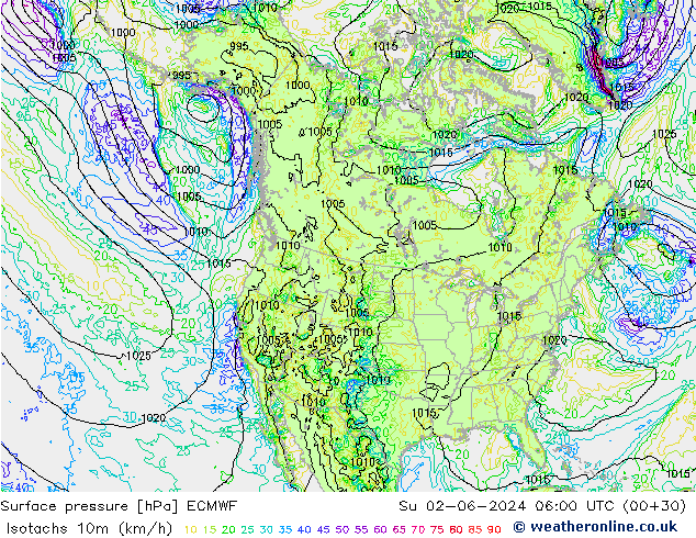 Isotachen (km/h) ECMWF zo 02.06.2024 06 UTC