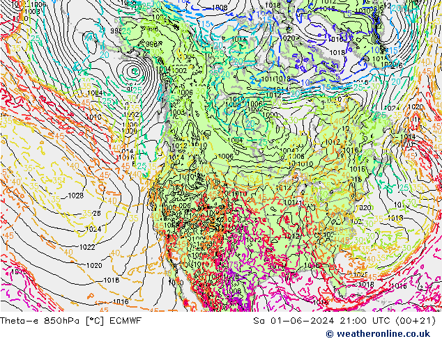 Theta-e 850hPa ECMWF sab 01.06.2024 21 UTC