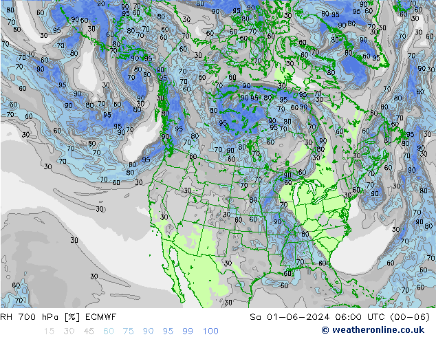 RH 700 hPa ECMWF so. 01.06.2024 06 UTC