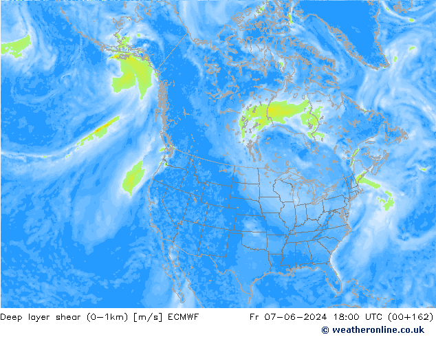 Deep layer shear (0-1km) ECMWF Cu 07.06.2024 18 UTC