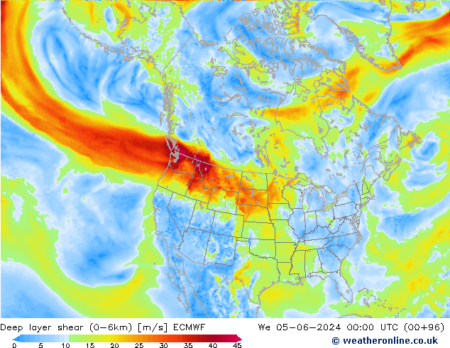 Deep layer shear (0-6km) ECMWF We 05.06.2024 00 UTC