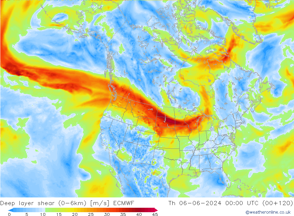 Deep layer shear (0-6km) ECMWF jue 06.06.2024 00 UTC