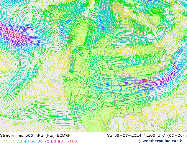 Línea de corriente 500 hPa ECMWF dom 09.06.2024 12 UTC