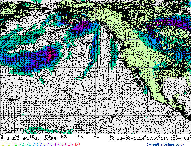 Viento 850 hPa ECMWF sáb 08.06.2024 00 UTC