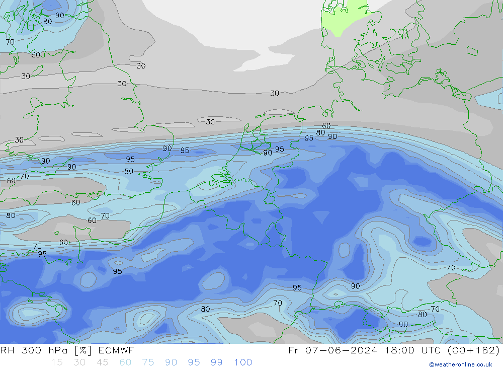 RH 300 hPa ECMWF Pá 07.06.2024 18 UTC
