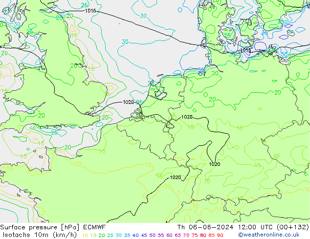 Isotaca (kph) ECMWF jue 06.06.2024 12 UTC