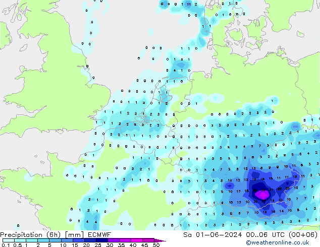 降水量 (6h) ECMWF 星期六 01.06.2024 06 UTC