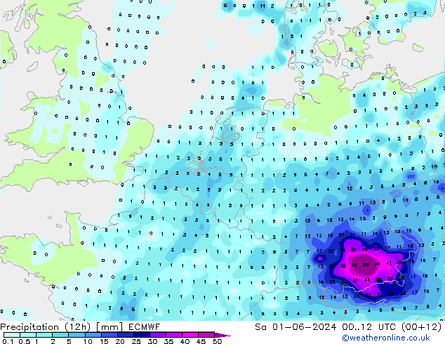 Precipitazione (12h) ECMWF sab 01.06.2024 12 UTC