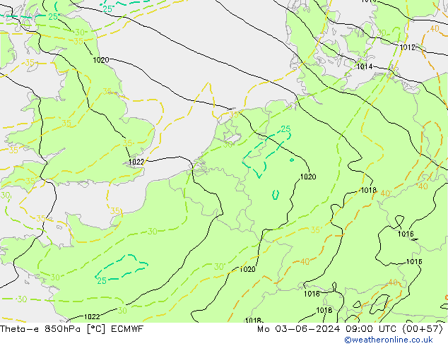 Theta-e 850hPa ECMWF Pzt 03.06.2024 09 UTC