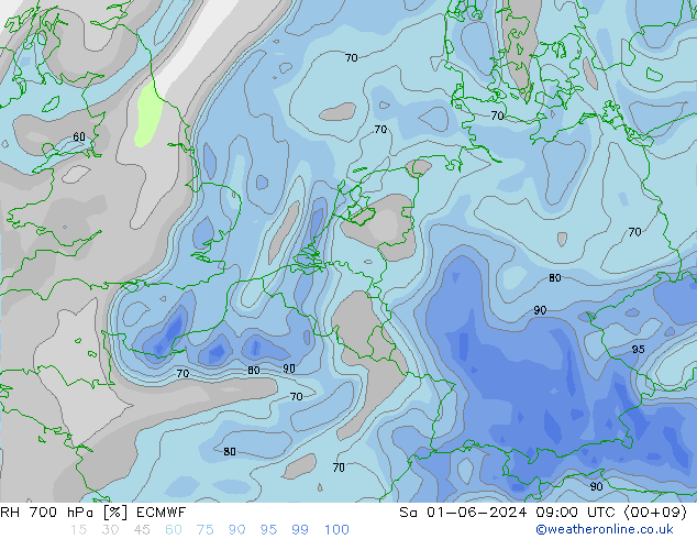 RH 700 гПа ECMWF сб 01.06.2024 09 UTC