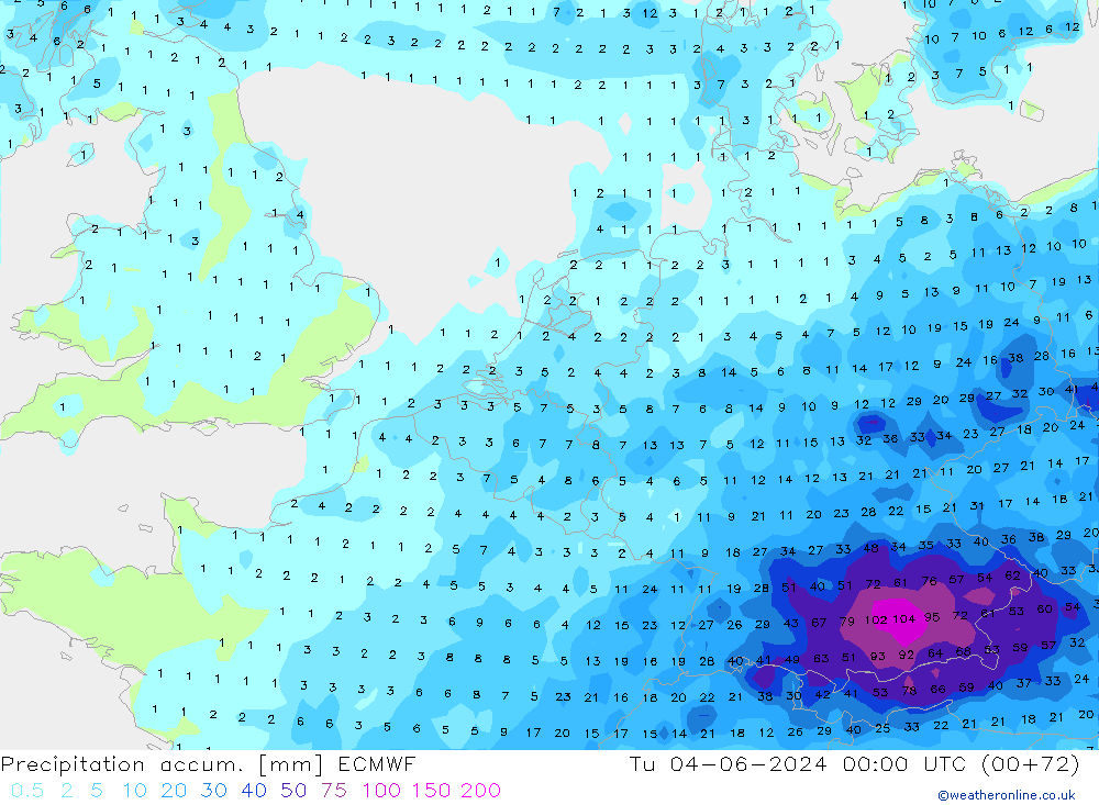 Totale neerslag ECMWF di 04.06.2024 00 UTC