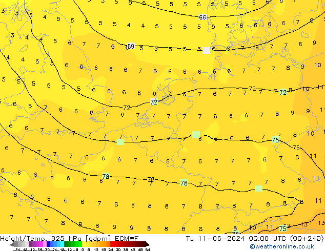 Height/Temp. 925 hPa ECMWF Di 11.06.2024 00 UTC