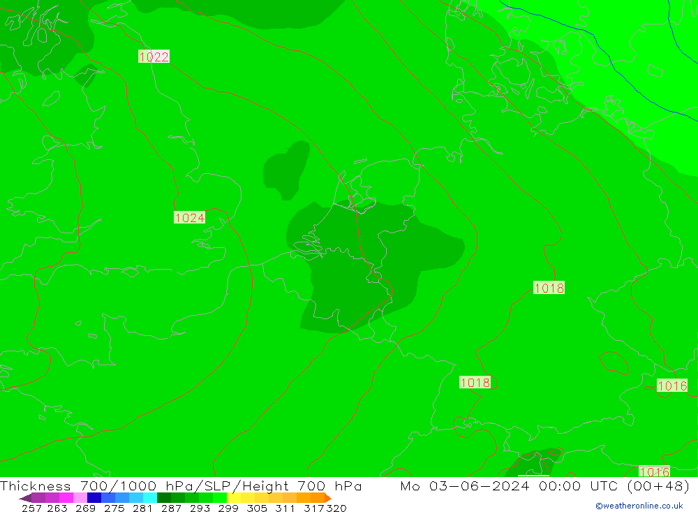 Dikte700-1000 hPa ECMWF ma 03.06.2024 00 UTC