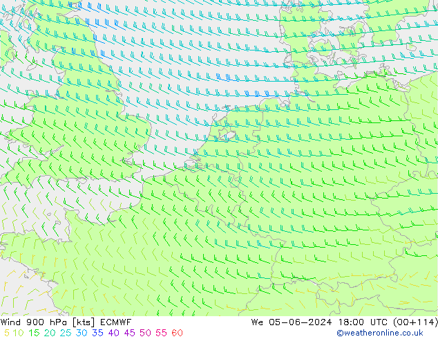 Vent 900 hPa ECMWF mer 05.06.2024 18 UTC