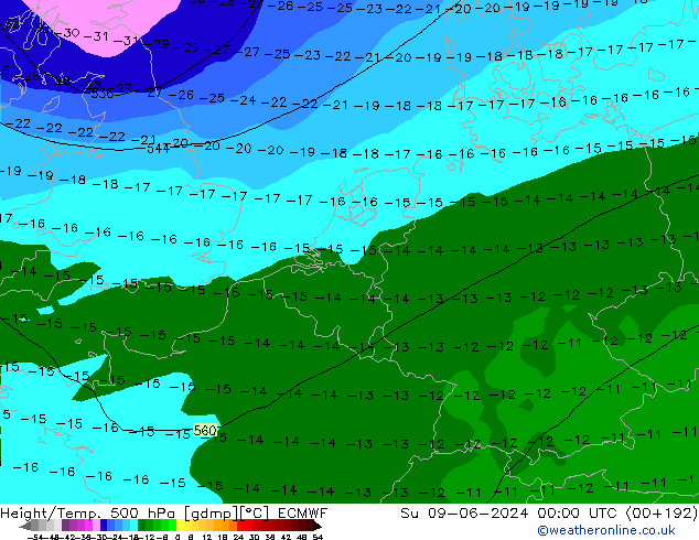 Z500/Rain (+SLP)/Z850 ECMWF So 09.06.2024 00 UTC