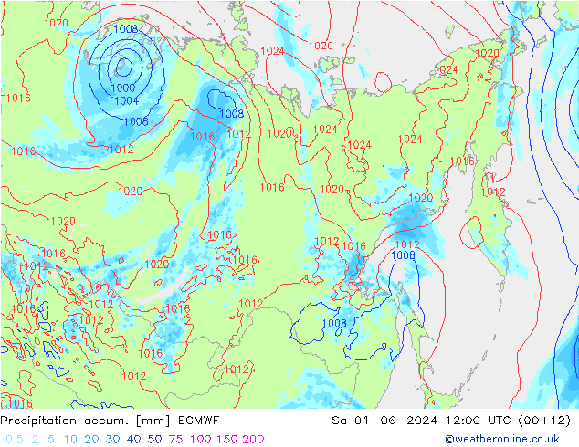 Precipitation accum. ECMWF сб 01.06.2024 12 UTC